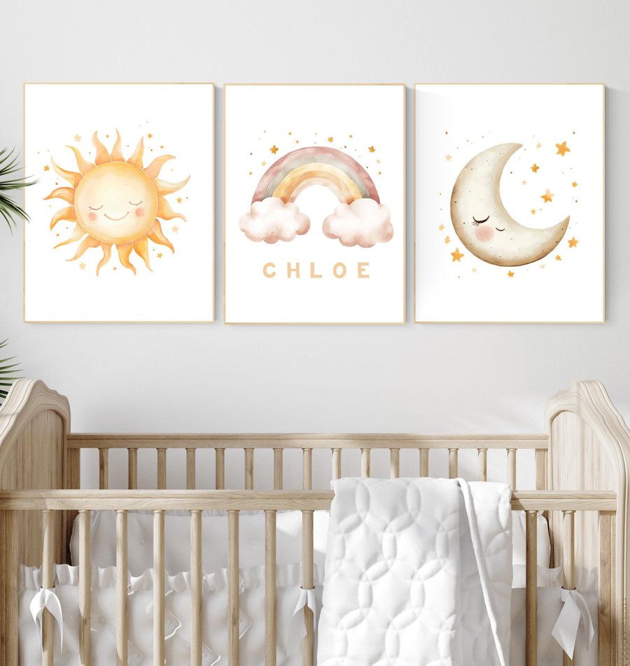 Personalized Sun Moon Rainbow Print Set: Boho Nursery Decor
