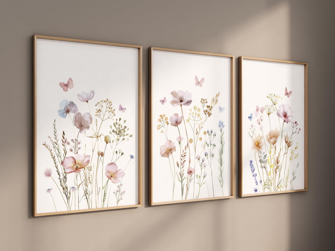 Wildflower Wall Art Set of 3 – Botanical Flower Prints in Soft Pastels – Neutral Floral Wall Decor for Bedroom, Nursery or Living Room