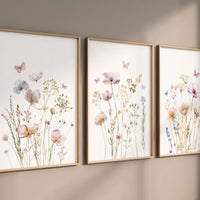 Wildflower Wall Art Set of 3 – Botanical Flower Prints in Soft Pastels – Neutral Floral Wall Decor for Bedroom, Nursery or Living Room
