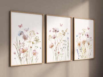 Wildflower Wall Art Set of 3 – Botanical Flower Prints in Soft Pastels – Neutral Floral Wall Decor for Bedroom, Nursery or Living Room