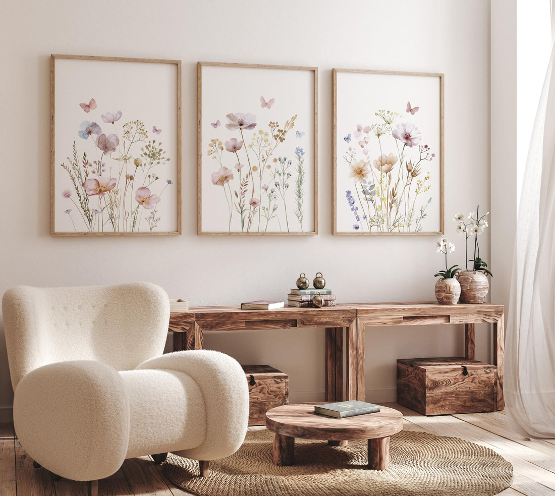 Wildflower Wall Art Set of 3 – Botanical Flower Prints in Soft Pastels – Neutral Floral Wall Decor for Bedroom, Nursery or Living Room