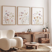 Wildflower Wall Art Set of 3 – Botanical Flower Prints in Soft Pastels – Neutral Floral Wall Decor for Bedroom, Nursery or Living Room