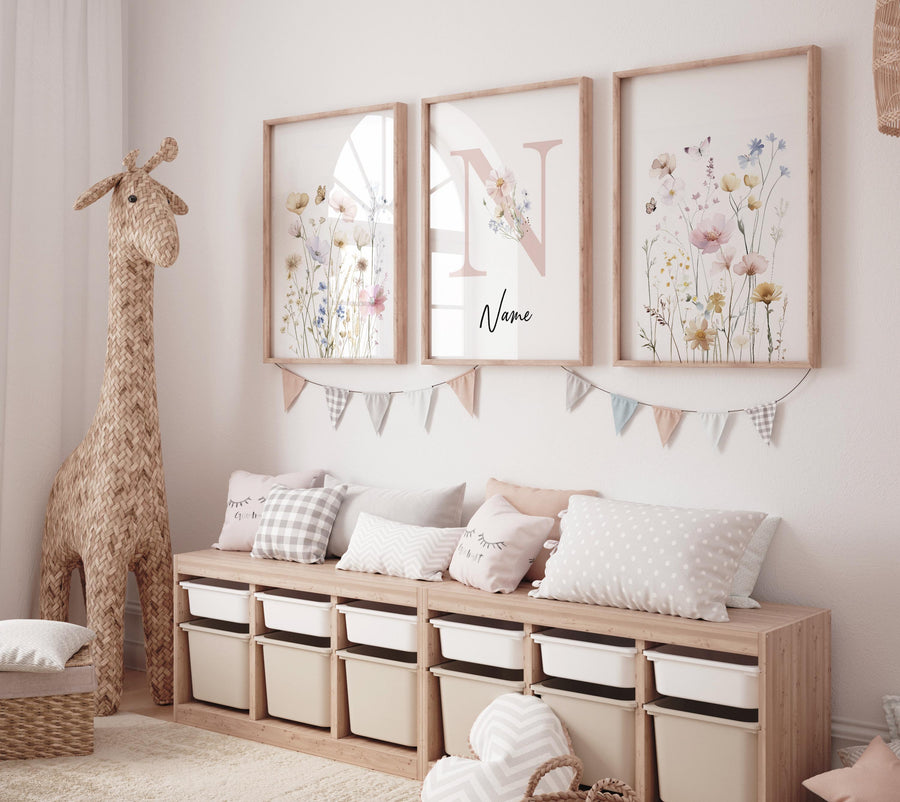 Floral Monogram Nursery Wall Art Set – Personalized Baby Girl Name Print, Wildflower Pastel Botanical Prints, Custom Nursery Decor