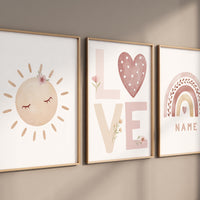 Personalized Name Nursery Wall Art – Sun, LOVE, and Rainbow Prints in Blush Pink – Custom Boho Baby Girl Room Decor Set of 3