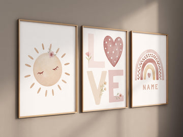 Personalized Name Nursery Wall Art – Sun, LOVE, and Rainbow Prints in Blush Pink – Custom Boho Baby Girl Room Decor Set of 3
