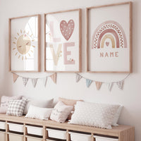 Personalized Name Nursery Wall Art – Sun, LOVE, and Rainbow Prints in Blush Pink – Custom Boho Baby Girl Room Decor Set of 3