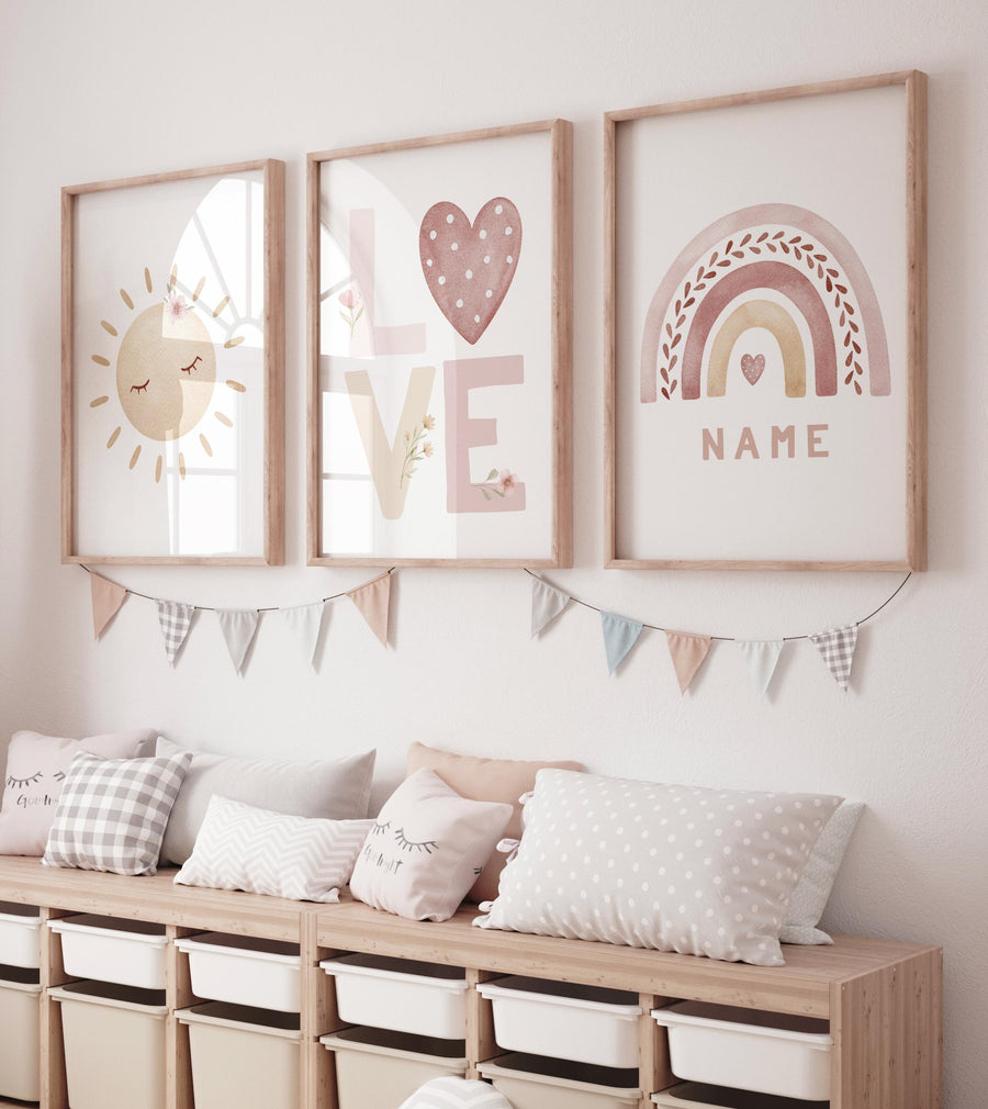 Personalized Name Nursery Wall Art – Sun, LOVE, and Rainbow Prints in Blush Pink – Custom Boho Baby Girl Room Decor Set of 3