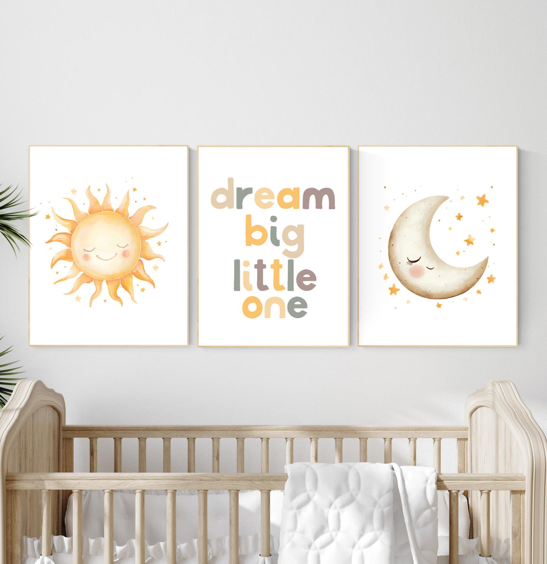 Dream Big Little One Nursery Wall Art Set – Neutral Sun and Moon Prints for Baby Room – Boho Celestial Decor for Boys or Girls