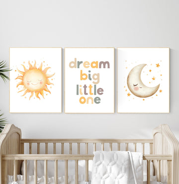 Dream Big Little One Nursery Wall Art Set – Neutral Sun and Moon Prints for Baby Room – Boho Celestial Decor for Boys or Girls