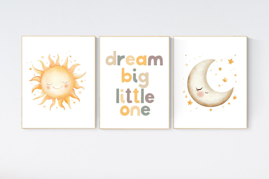 Dream Big Little One Nursery Wall Art Set – Neutral Sun and Moon Prints for Baby Room – Boho Celestial Decor for Boys or Girls