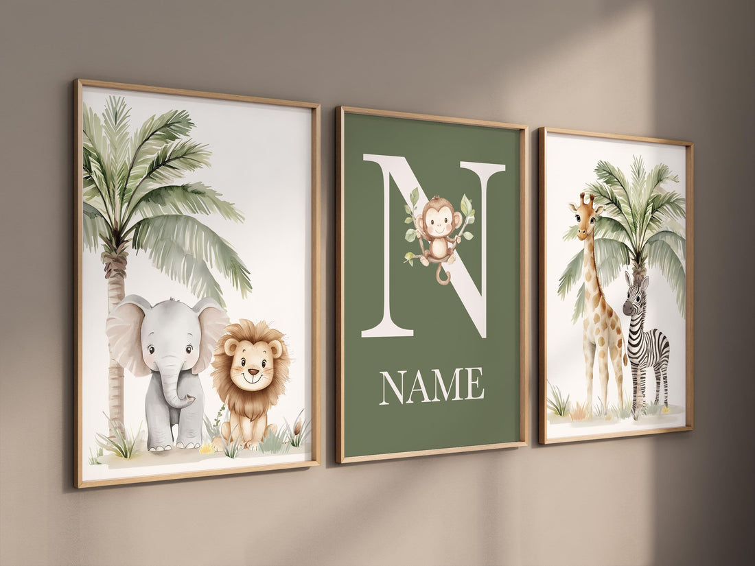 Jungle Animals, Safari Animal Nursery Wall Art Set, gender neutral, personalized Jungle Print , Elephant, Lion, Giraffe, Zebra, Monkey