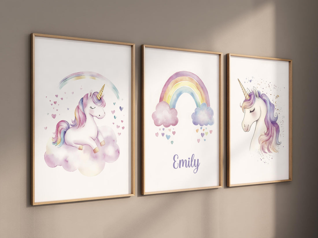 Unicorn Nursery Wall Art Set – Personalized Rainbow Name Print – Pastel Girl Bedroom Decor – Magical Unicorn Prints for Baby Room