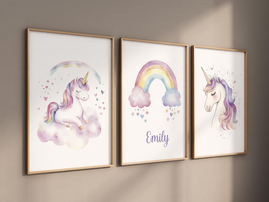 Unicorn Nursery Wall Art Set – Personalized Rainbow Name Print – Pastel Girl Bedroom Decor – Magical Unicorn Prints for Baby Room
