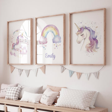 Unicorn Nursery Wall Art Set – Personalized Rainbow Name Print – Pastel Girl Bedroom Decor – Magical Unicorn Prints for Baby Room