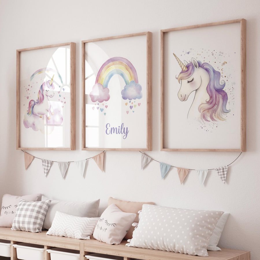 Unicorn Nursery Wall Art Set – Personalized Rainbow Name Print – Pastel Girl Bedroom Decor – Magical Unicorn Prints for Baby Room