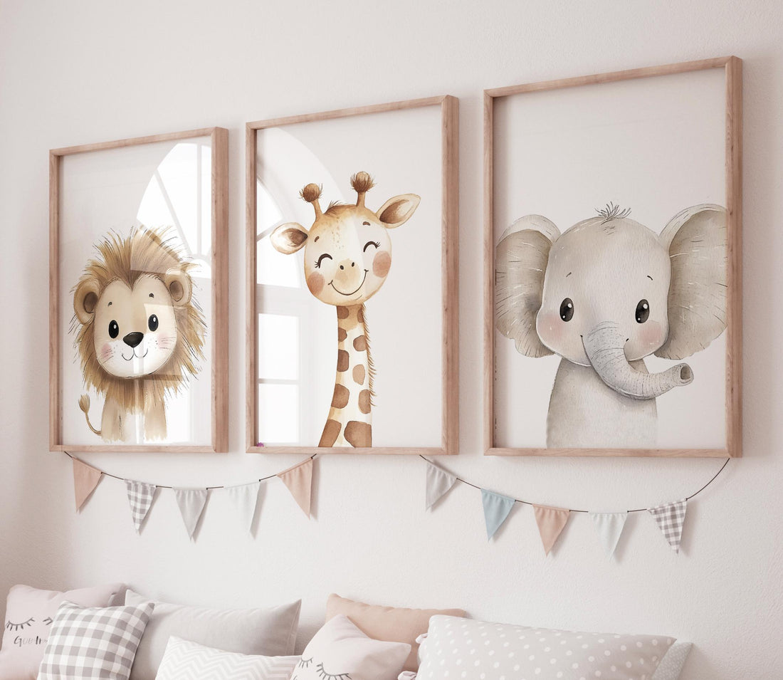 Safari Animal Nursery Wall Art Set of 3, Lion Giraffe Elephant Prints, Neutral Jungle Baby Room Decor, Cute Watercolor Zoo Animals