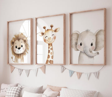 Safari Animal Nursery Wall Art Set of 3, Lion Giraffe Elephant Prints, Neutral Jungle Baby Room Decor, Cute Watercolor Zoo Animals