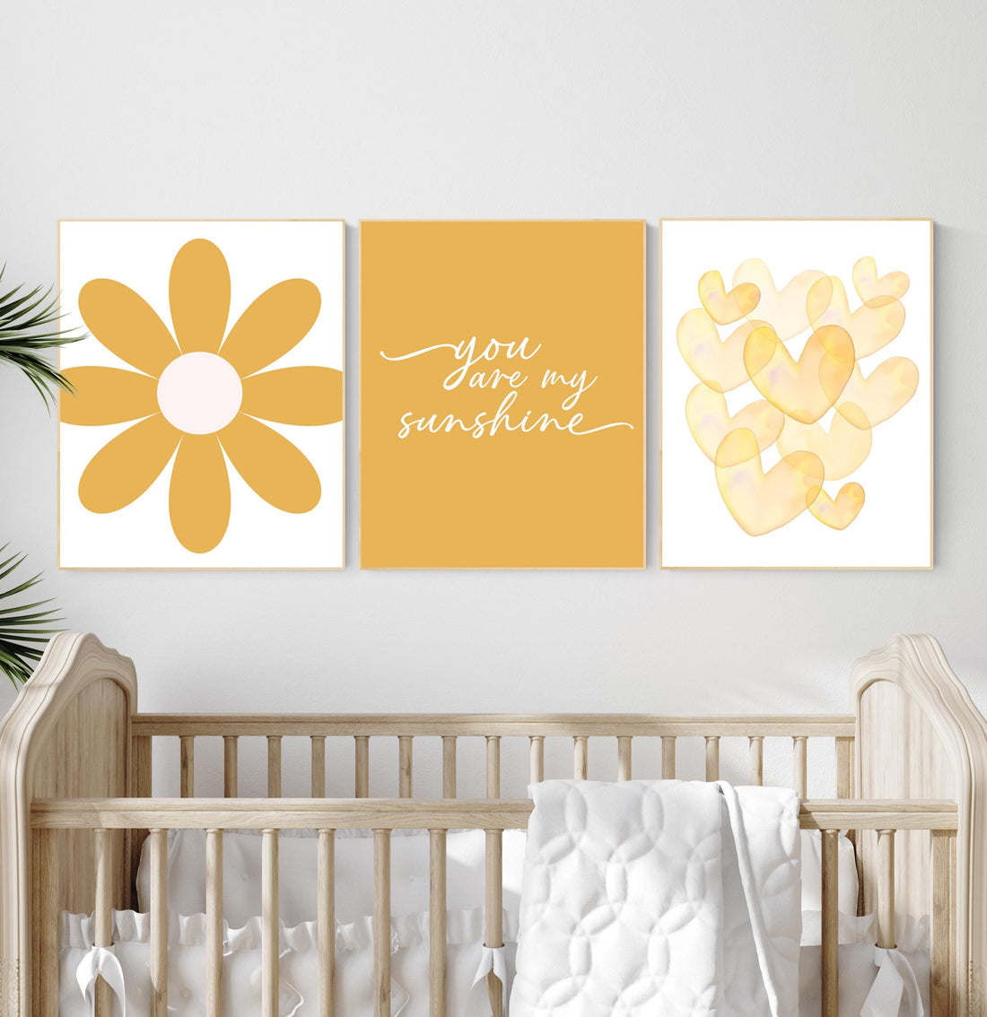You Are My Sunshine Nursery Wall Art Set – Yellow Flower and Heart Prints for Baby Girl or Boy – Cheerful Boho Nursery Decor Trio