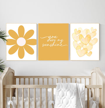 You Are My Sunshine Nursery Wall Art Set – Yellow Flower and Heart Prints for Baby Girl or Boy – Cheerful Boho Nursery Decor Trio