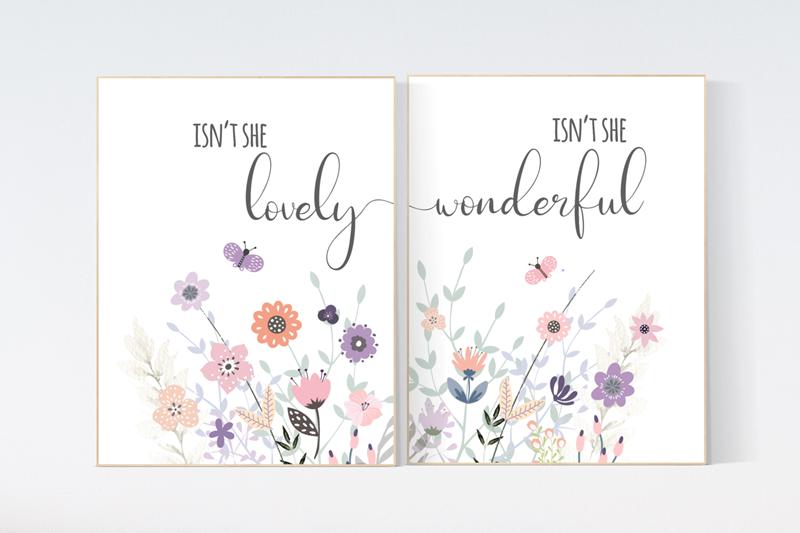 Isn’t She Lovely and Isn’t She Wonderful Floral Wall Art Set – Pastel Butterfly Nursery Prints for Baby Girl Room Decor, Set of 2