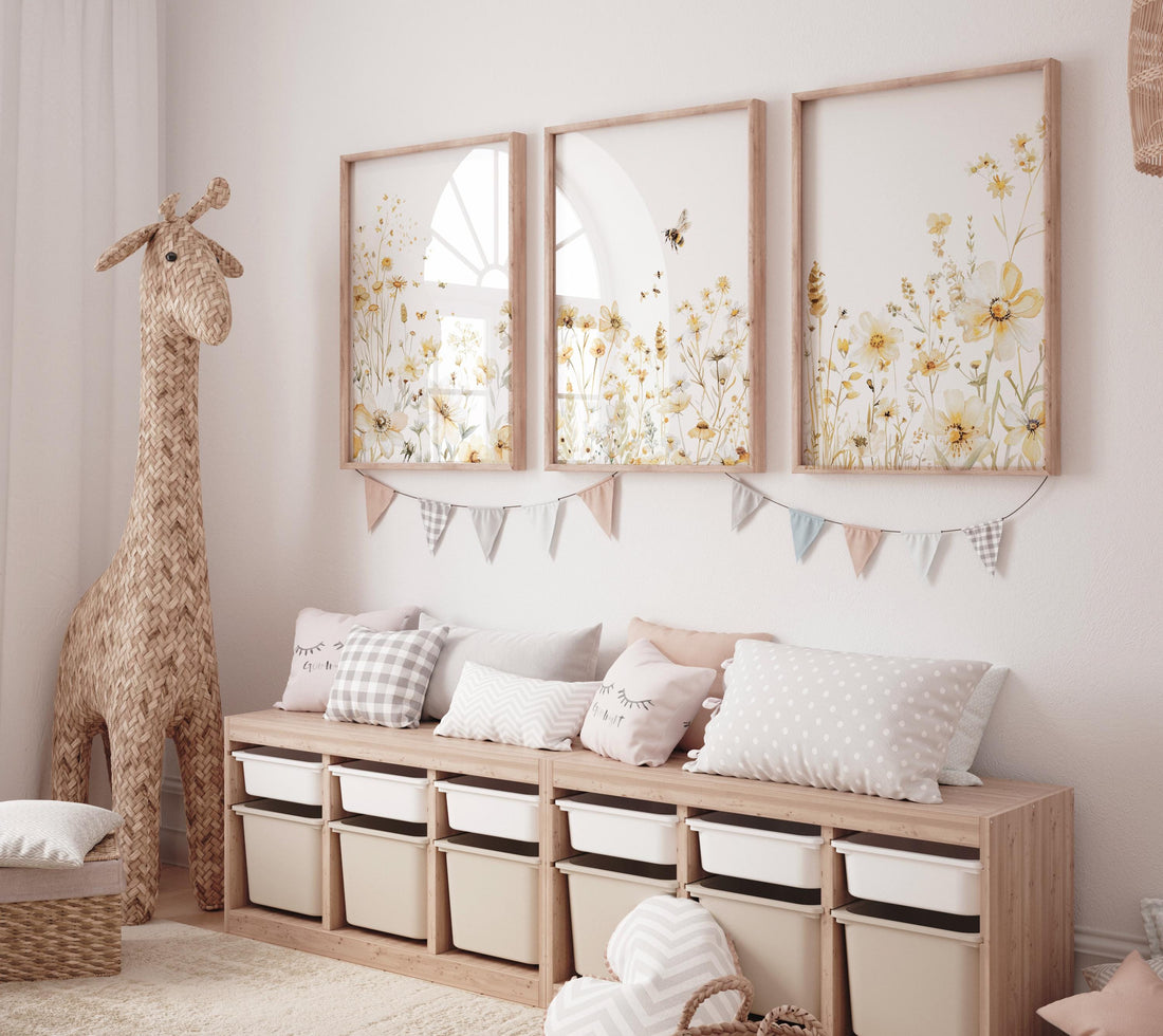Bee & Yellow Wildflower Print Set: Neutral Botanical Nursery Art