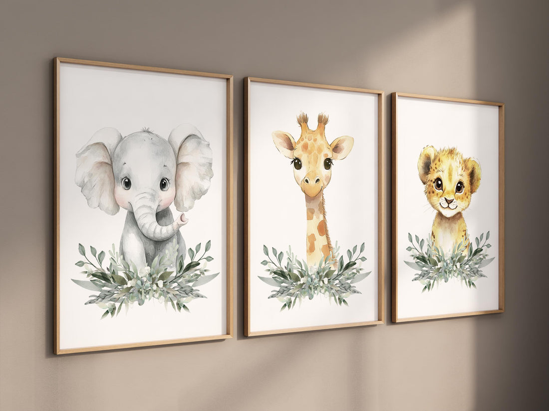 Safari Animal Nursery Wall Art Set – Elephant, Giraffe & Lion Prints with Greenery, Jungle Baby Room Decor, Gender Neutral Wall Art