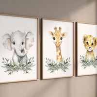 Safari Animal Nursery Wall Art Set – Elephant, Giraffe & Lion Prints with Greenery, Jungle Baby Room Decor, Gender Neutral Wall Art