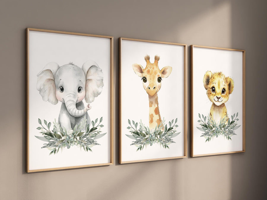 Safari Animal Nursery Wall Art Set – Elephant, Giraffe & Lion Prints with Greenery, Jungle Baby Room Decor, Gender Neutral Wall Art