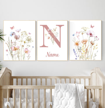 Wildflower Nursery Wall Art Set – Personalized Name Floral Print – Boho Botanical Girl Room Decor – Watercolor Flower Prints