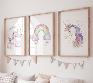 Unicorn Nursery Wall Art Set – Rainbow Print – Pastel Girl Bedroom Decor – Magical Unicorn Prints for Baby Room, rainbow print, unicorn