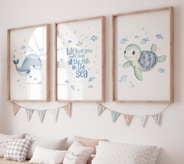 Ocean Nursery Wall Art Set – Whale Turtle Quote Prints – Sea Animal Baby Room Decor – Under the Sea Watercolor Baby Boy Wall Art