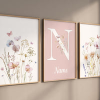 Blush Wildflower Nursery Wall Art Set – Personalized Name Floral Print – Pink Botanical Baby Girl Room Decor – Boho Flower Prints
