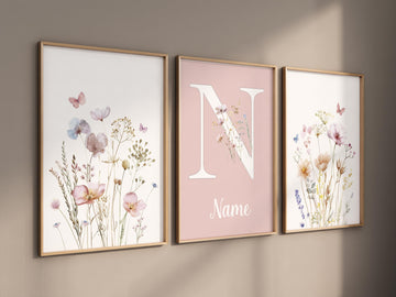 Blush Wildflower Nursery Wall Art Set – Personalized Name Floral Print – Pink Botanical Baby Girl Room Decor – Boho Flower Prints