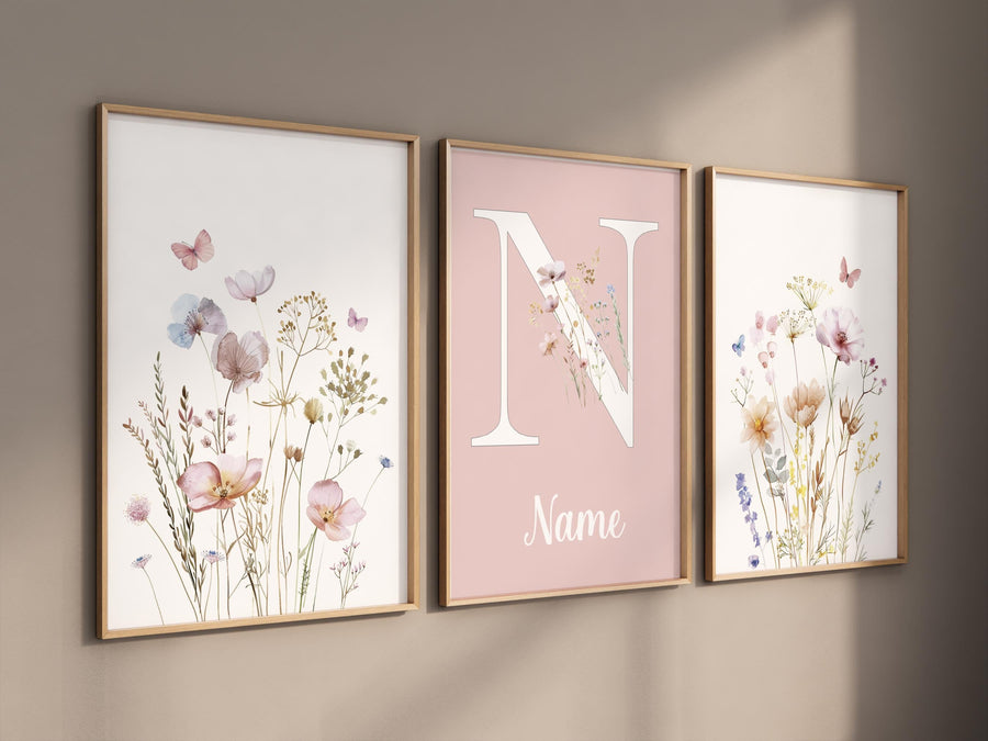 Blush Wildflower Nursery Wall Art Set – Personalized Name Floral Print – Pink Botanical Baby Girl Room Decor – Boho Flower Prints