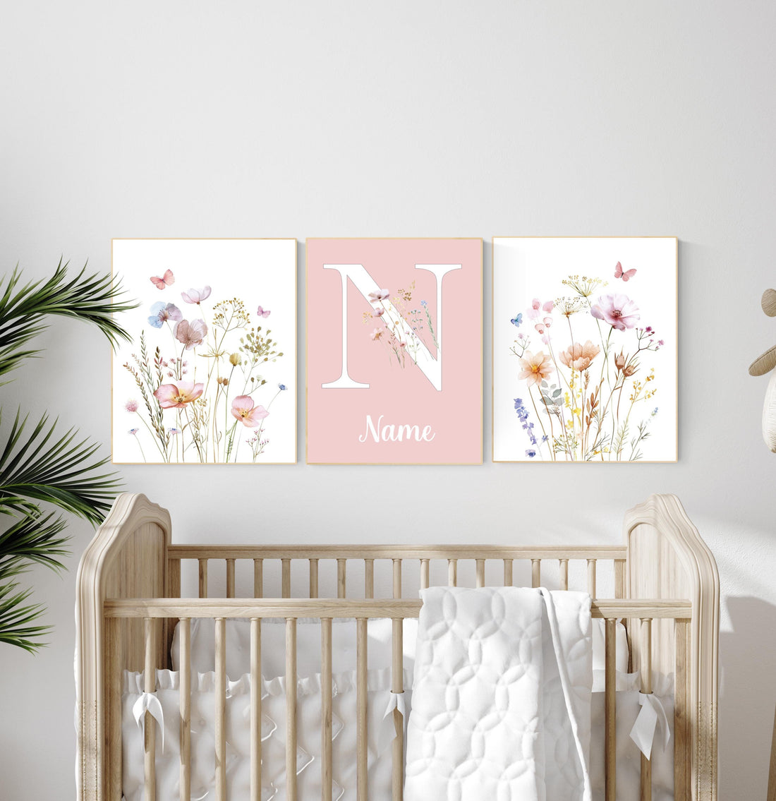 Blush Wildflower Nursery Wall Art Set – Personalized Name Floral Print – Pink Botanical Baby Girl Room Decor – Boho Flower Prints