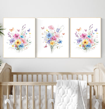 Colorful Wildflower Wall Art Set – Watercolor Floral Prints with Butterflies – Bright Botanical Boho Decor for Bedroom or Living Room