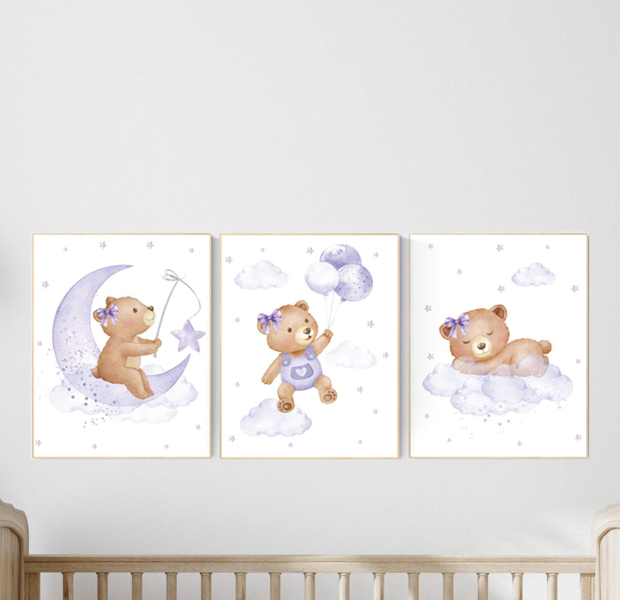 Nursery decor girl purple, nursery decor bear, teddy bear nursery, lilac nursery print, lavender, baby room decor, nursery wall art animals