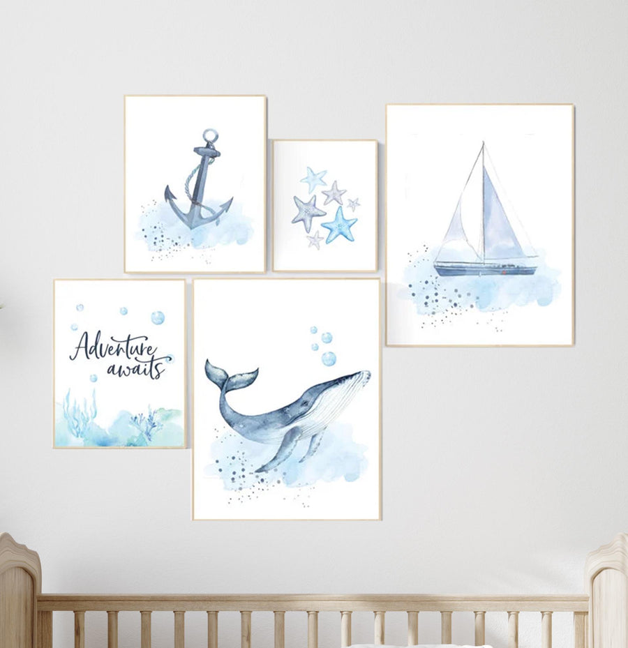 Nursery decor boy nautical, whale print nursery, nautical wall decor nursery, sea nursery decor, nautical prints set, sea themed nursery