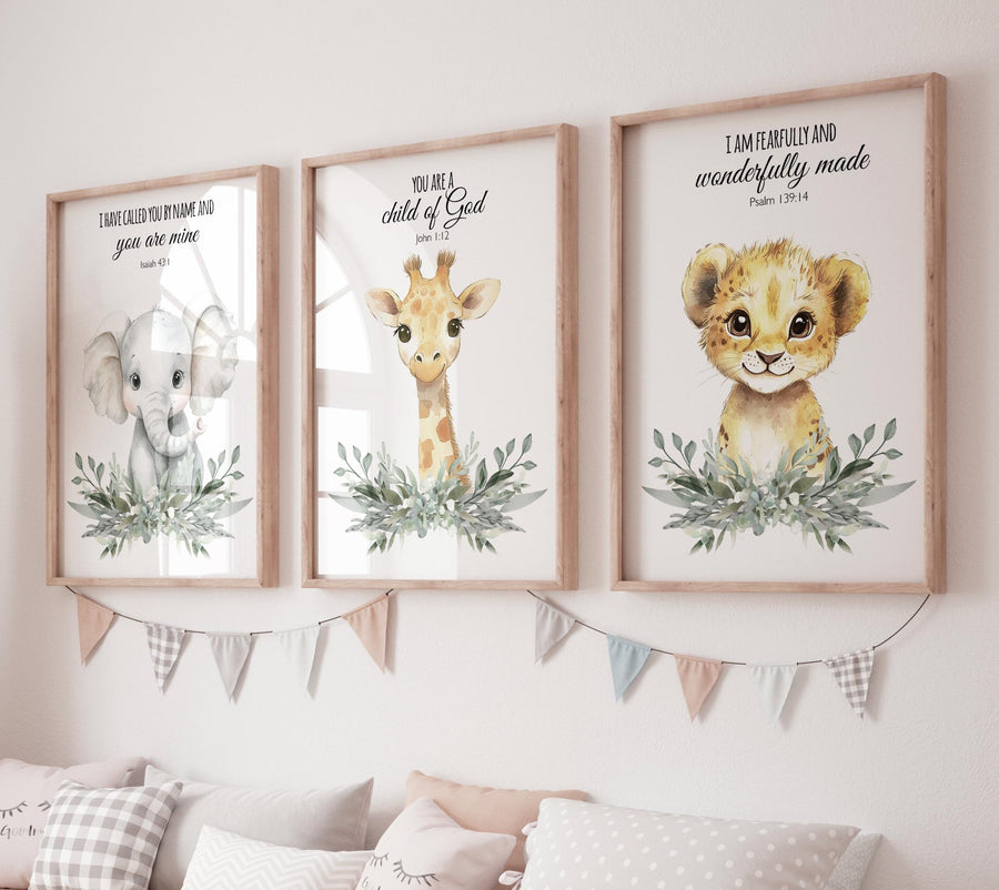 Christian Safari Nursery Prints: Elephant, Giraffe, Lion - Bible Verse Art (Set of 3)