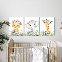 Safari Nursery Art: Girl Animal Prints with Pink Flowers, Set of 3