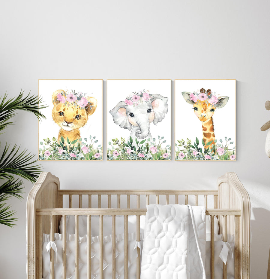 Safari Nursery Art: Girl Animal Prints with Pink Flowers, Set of 3