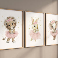 Ballerina Nursery Wall Art Set – Lion, Bunny & Elephant Ballet Prints, Pink Tutu Animal Room Decor, Girls Room Sweet Ballet Animal Art