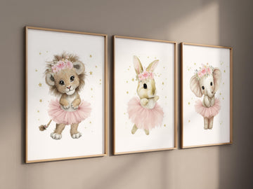 Ballerina Nursery Wall Art Set – Lion, Bunny & Elephant Ballet Prints, Pink Tutu Animal Room Decor, Girls Room Sweet Ballet Animal Art