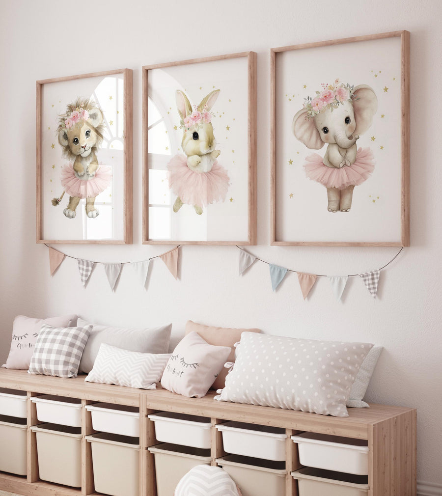 Ballerina Nursery Wall Art Set – Lion, Bunny & Elephant Ballet Prints, Pink Tutu Animal Room Decor, Girls Room Sweet Ballet Animal Art