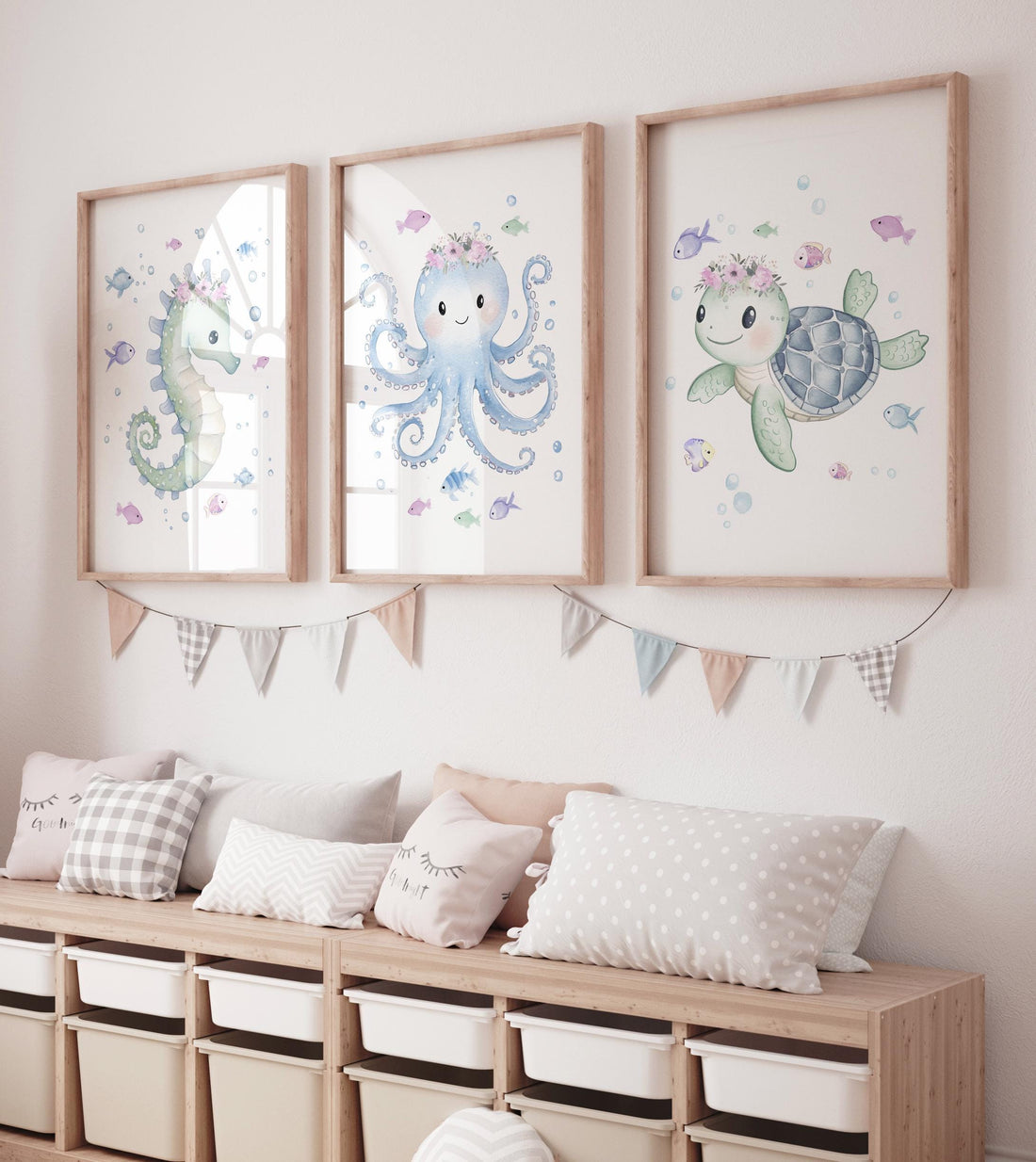 Seahorse Octopus Turtle Nursery Wall Art, Pink Ocean Prints for Girls