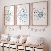Seahorse Octopus Turtle Nursery Wall Art, Pink Ocean Prints for Girls