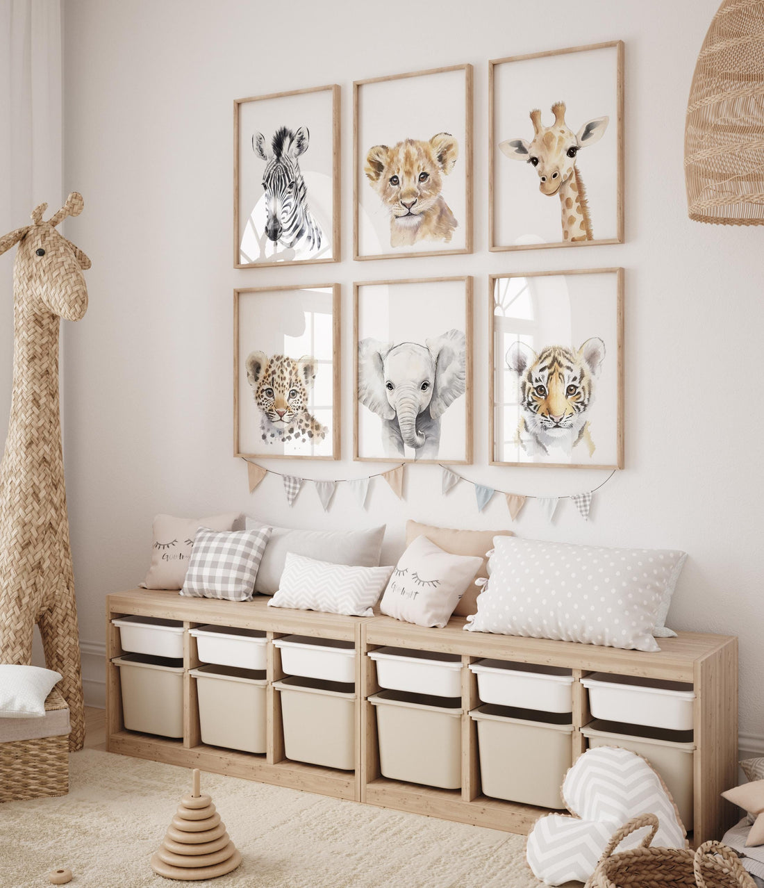 Safari Baby Animal Wall Art Set of 6 – Jungle Animal Prints – Lion, Elephant, Zebra, Giraffe, Tiger, Leopard – Nursery Safari Decor