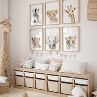 Safari Baby Animal Wall Art Set of 6 – Jungle Animal Prints – Lion, Elephant, Zebra, Giraffe, Tiger, Leopard – Nursery Safari Decor