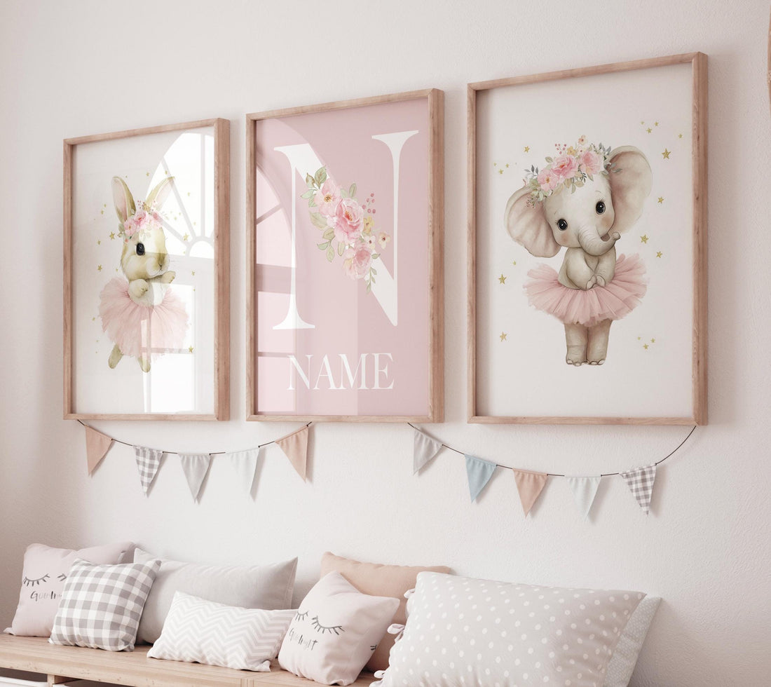 Ballerina Nursery Wall Art Set – Personalized Pink Elephant Bunny Prints, Girl Bedroom Decor, Custom Name Art, Baby Girl Room Wall Decor