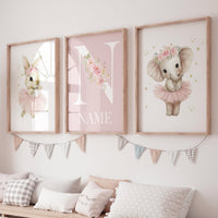 Ballerina Nursery Wall Art Set – Personalized Pink Elephant Bunny Prints, Girl Bedroom Decor, Custom Name Art, Baby Girl Room Wall Decor